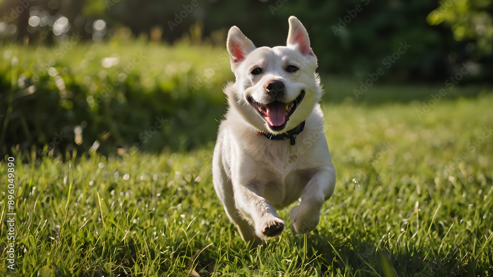 Happy white dog running through grass field Happy white dog running through grass field
