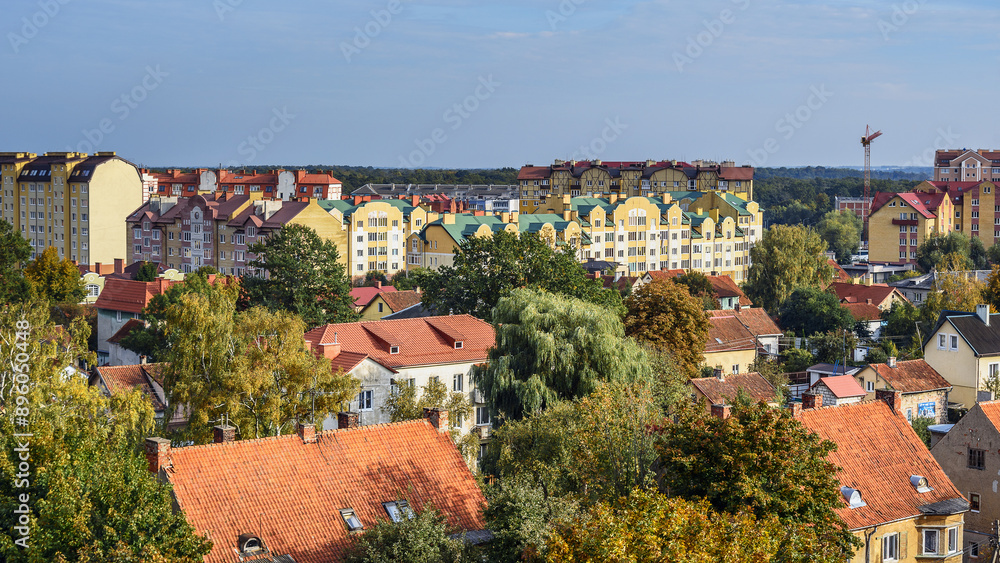 Aerial view city Zelenogradsk from observation deck of Water Tower. Russia