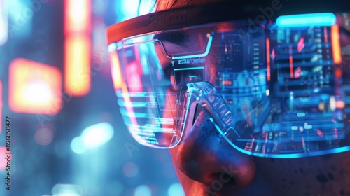 A close-up of a human face wearing augmented reality glasses, concentrating, viewed from a front angle, in a futuristic urban setting