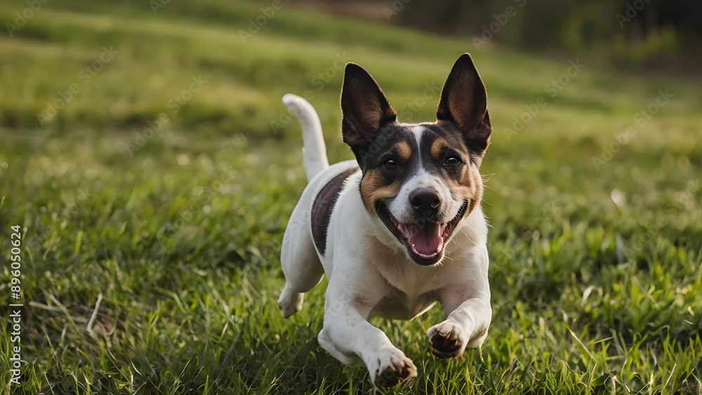 Happy white dog running through grass field Happy white dog running through grass field