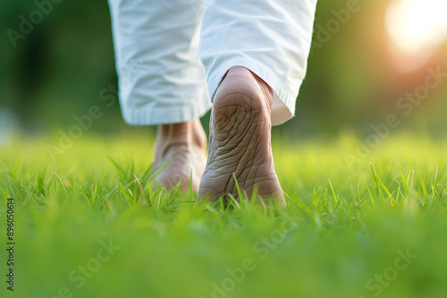 Elderly society or aging society, having a healthy body and happy retirement, therapy and reduce stress in living, the bare feet of an elderly person walk on the green grass