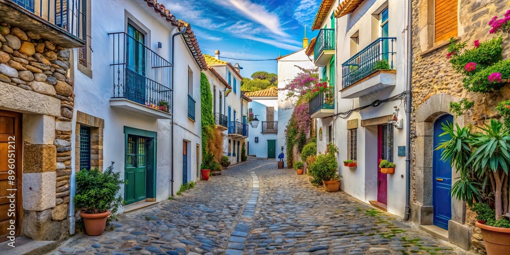 Obraz premium Old town street in Cadaques, Spain with colorful buildings and cobblestone path, Cadaques, Spain