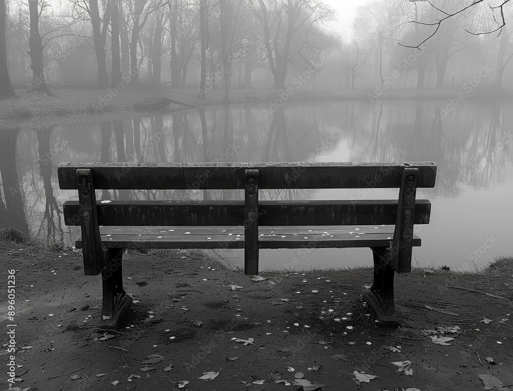 A solitary bench overlooks a misty lake surrounded by bare trees, creating a peaceful and contemplative scene that evokes solitude and calmness. Copy space. A solitary bench overlooks a misty lake surrounded by bare trees, creating a peaceful and contemplative scene that evokes solitude and calmness. Copy space.