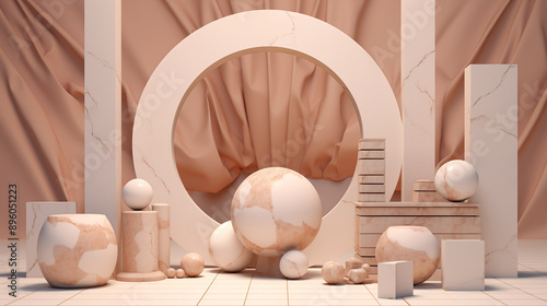 3D scene abstract geometry marble ball with beige background
