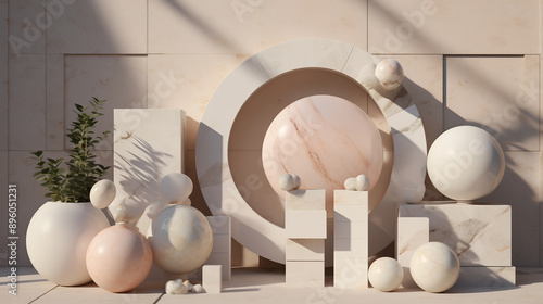 3D scene abstract geometry marble ball with beige background