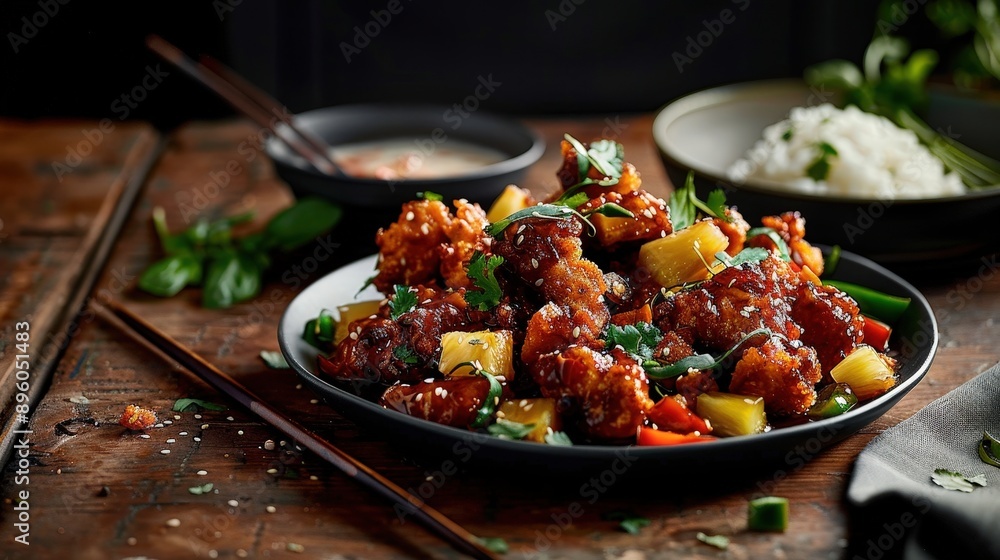 Exquisite Chinese Sweet and Sour Chicken Dish on Wooden Table Background with Bell Peppers and Pineapple - Professional Food Photography Exquisite Chinese Sweet and Sour Chicken Dish on Wooden Table Background with Bell Peppers and Pineapple - Professional Food Photography