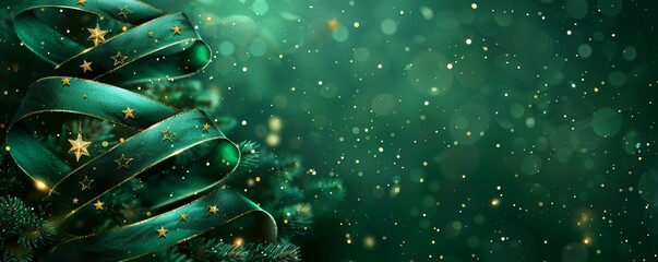 Festive green Christmas tree decoration with ribbon and stars on sparkling background