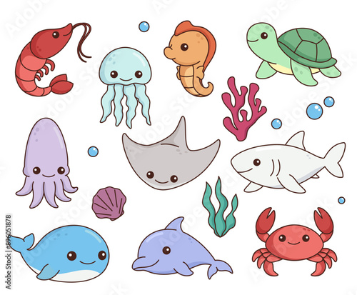 Marine animals, set of cute simple children cartoon illustrations, kawaii vector drawings
