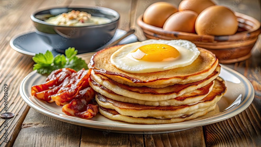 Classic American breakfast with fluffy pancakes, crispy bacon, and sunny-side-up eggs on a plate, breakfast, American, pancakes Classic American breakfast with fluffy pancakes, crispy bacon, and sunny-side-up eggs on a plate, breakfast, American, pancakes