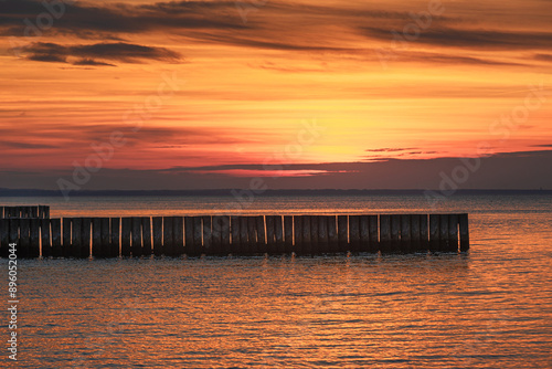 Obraz na płótnie View of sand beach with wooden breakwaters on the Baltic Sea coast on sunset in Zelenogradsk. Russia w salonie