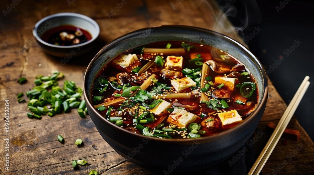 Artistic Composition of Chinese Hot and Sour Soup on Wooden Table Background Artistic Composition of Chinese Hot and Sour Soup on Wooden Table Background