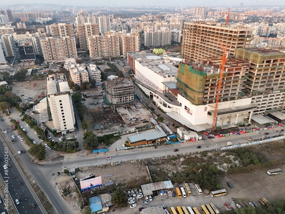 Fototapeta premium Aerial drone view of wakad pune road view, mall