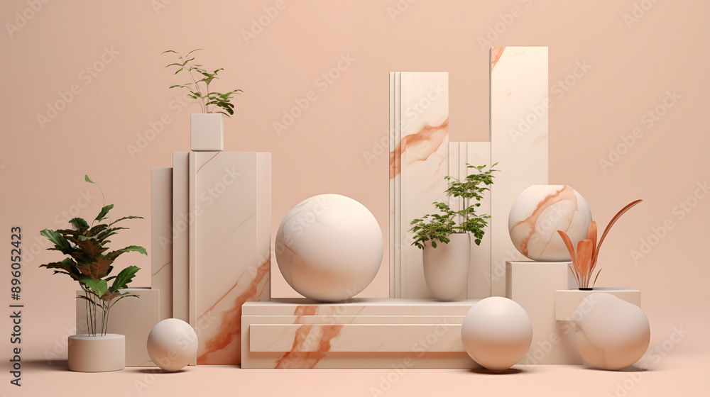 3d abstract geometry ball and square of mable with beige background 3d abstract geometry ball and square of mable with beige background