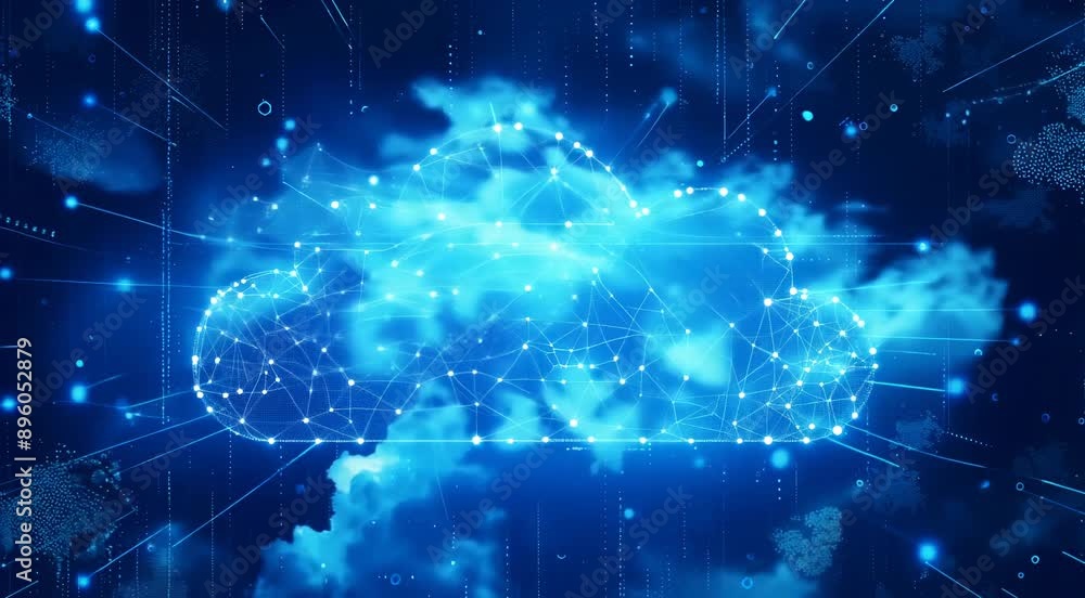 Digital illustration of a cloud computing network concept with glowing nodes and connections in blue color Digital illustration of a cloud computing network concept with glowing nodes and connections in blue color