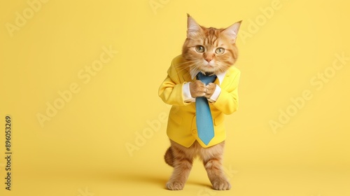 Cute tabby scottish fold orange cat in yellow buiness suit with blue necktie, confidently standing as ceo on solid pastel yellow color background with copy space photo