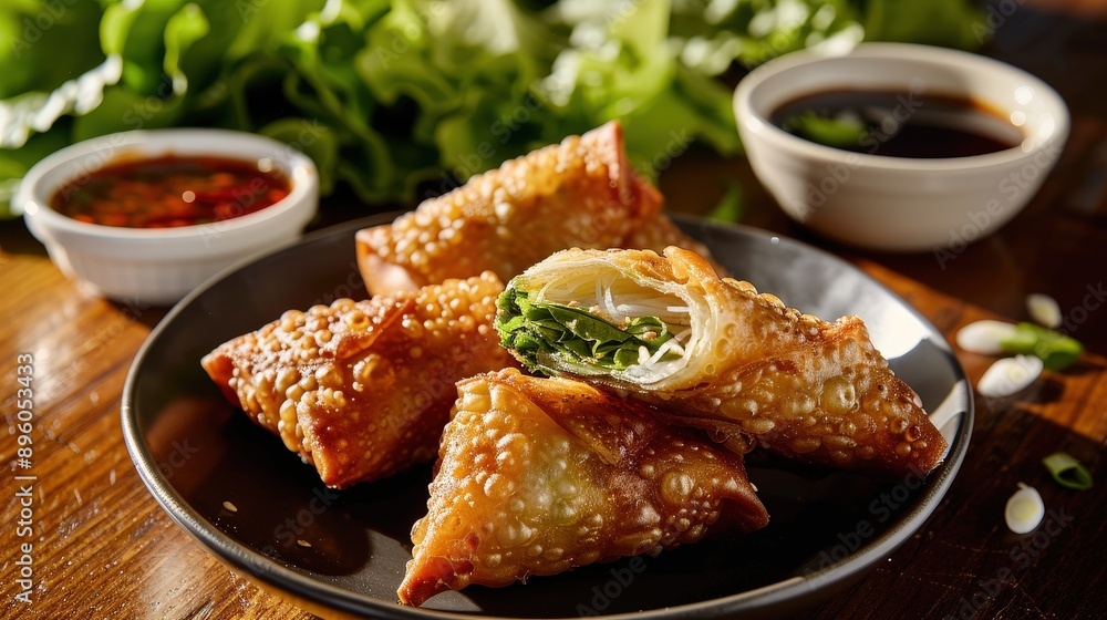 Delicious Chinese Egg Roll with Duck Sauce on Wooden Table Background Delicious Chinese Egg Roll with Duck Sauce on Wooden Table Background