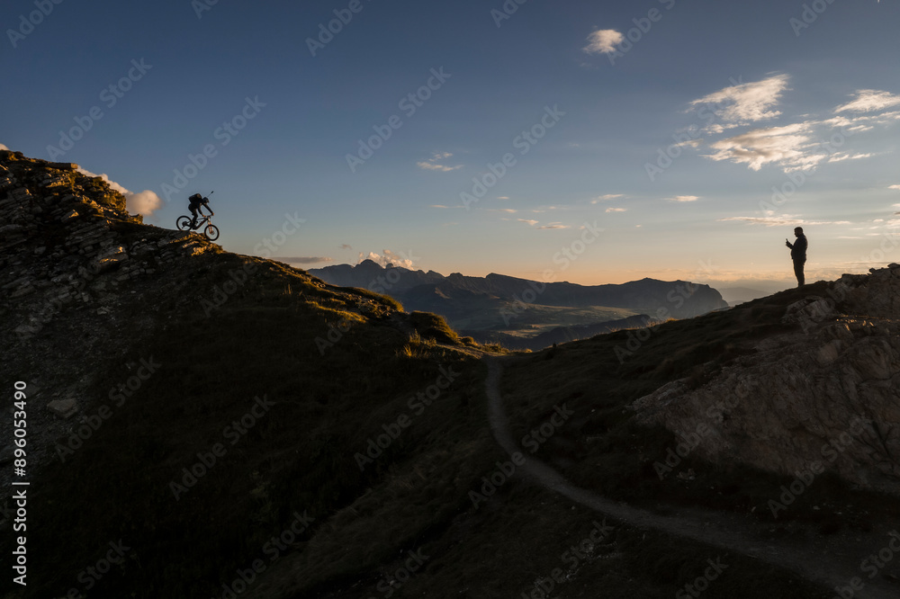 Aerial view of Seceda at sunset with Dolomites, South Tyrol, Italy. Aerial view of Seceda at sunset with Dolomites, South Tyrol, Italy.