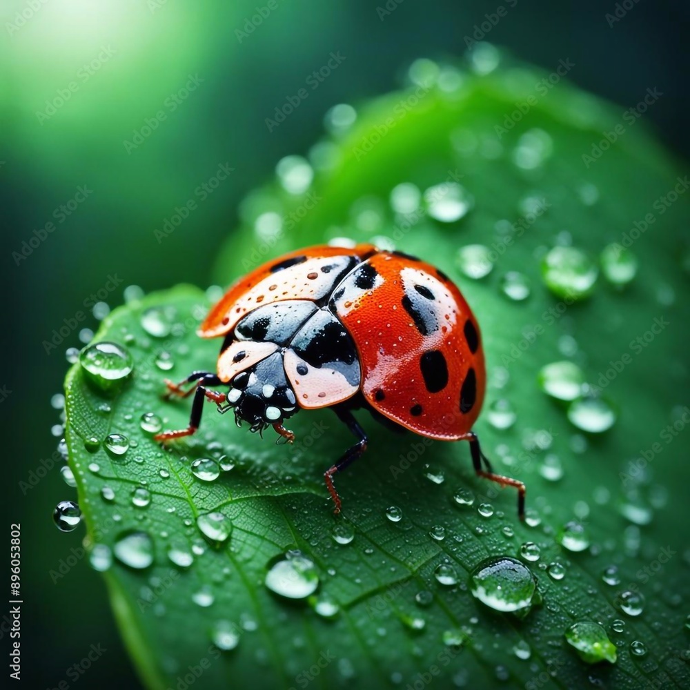 Fototapeta premium Ladybug on a green leaf with dew drops