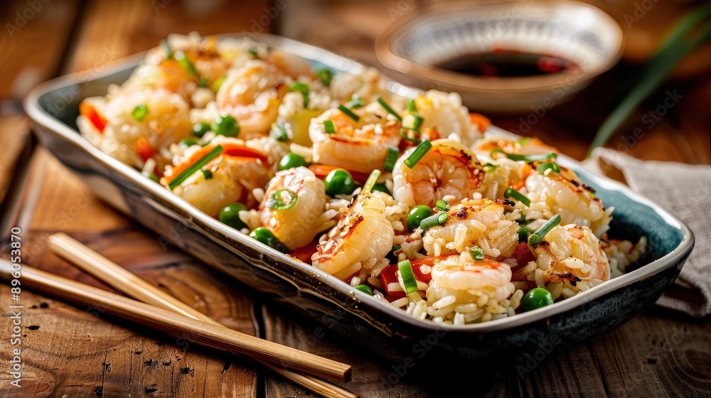 Delicious Chinese Shrimp Fried Rice Dish with Fresh Ingredients on Wooden Table Background Delicious Chinese Shrimp Fried Rice Dish with Fresh Ingredients on Wooden Table Background