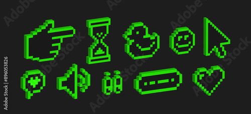 Sticker set in Y2k retro futuristic style. Social media. Playful Voxel art elements. Bold modern shape for posters, web. 3d Neon Pixel art. Geometric simple. Naive design. Slime green. Brutalist