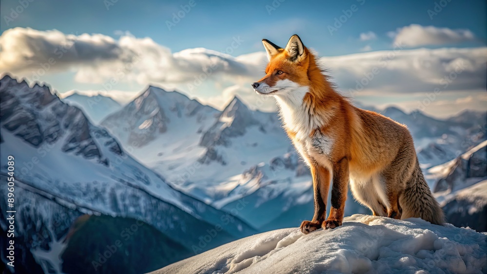 Fox standing majestically on snowy mountain peak, fox, wildlife, nature, winter, majestic, predator, animal, mountain, peak Fox standing majestically on snowy mountain peak, fox, wildlife, nature, winter, majestic, predator, animal, mountain, peak