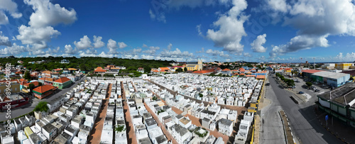 Aerial view of colorful houses, church, and cemetery in San Mateowijk, Willemstad, Curacao. photo