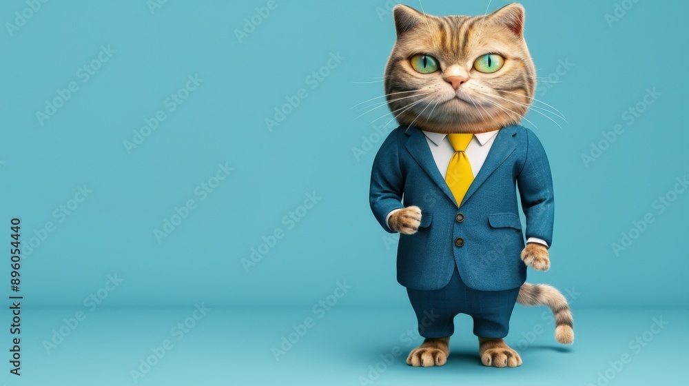 Cute tabby scottish fold orange cat in blue buiness suit with yellow necktie, confidently standing as ceo on solid pastel blue color background with copy space Cute tabby scottish fold orange cat in blue buiness suit with yellow necktie, confidently standing as ceo on solid pastel blue color background with copy space