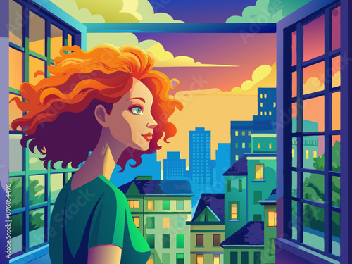 Beautiful Young Thoughtful Girl with Bright Red Curly Hair Looks Out the Window at the Morning City, AI Generation