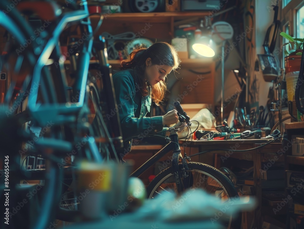 Cyclist mechanic repairing bicycle in workshop bike maintenance and repair service Cyclist mechanic repairing bicycle in workshop bike maintenance and repair service