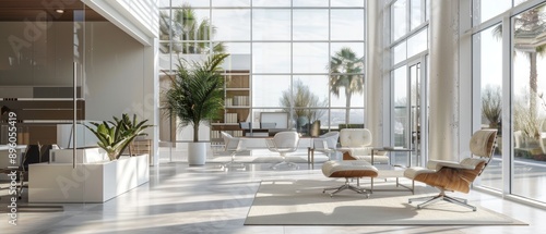 Fototapeta Naklejka Na Ścianę i Meble -  Sunlit office space with large windows flooding the room with natural light Minimalist design with modern furniture in neutral colors creates a sleek and inviting atmosphere The open layout and clean