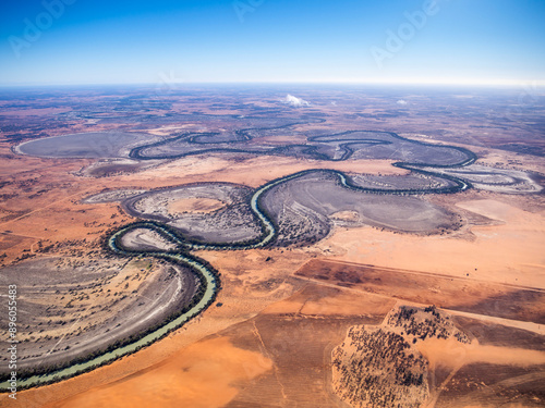 Aerial view of meandering Darling River Anabranch through dry outback desert, New South Wales, Australia. photo