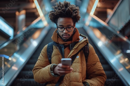 Stylish Young African Professional Using Smartphone on Subway Escalator