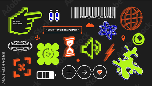 Sticker set in Y2k retro style. Neon Pixel art. Futuristic swag 3d elements. Bold modern shape for posters. Geometric abstract simple. Cool Naive Utilitarian design elements. Brutalist, fluoricent