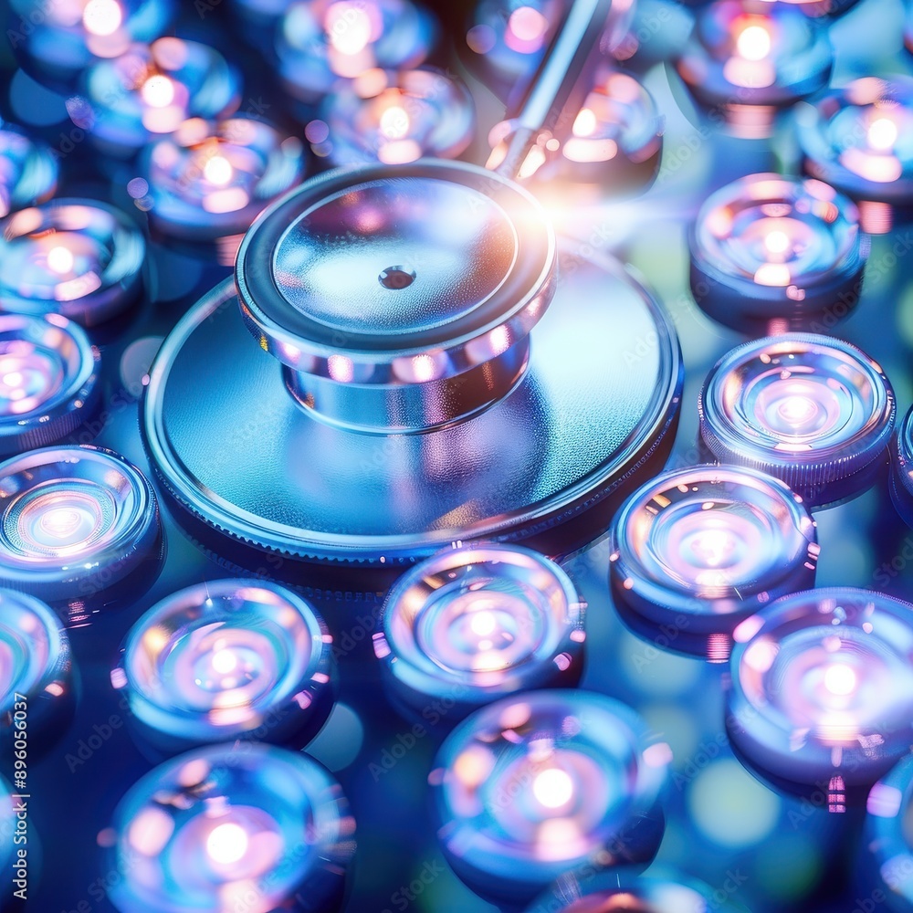 Close-up of a stethoscope surrounded by glowing blue lights, representing modern medical technology and healthcare innovation. Close-up of a stethoscope surrounded by glowing blue lights, representing modern medical technology and healthcare innovation.
