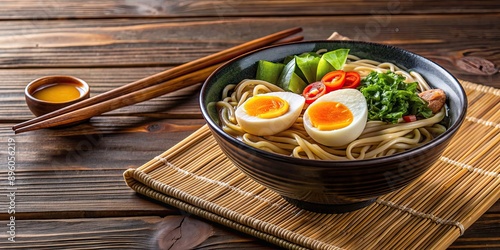 Traditional Japanese setting with hot ramen noodles, eggs, and vegetables being lifted with chopsticks , ramen, noodles photo