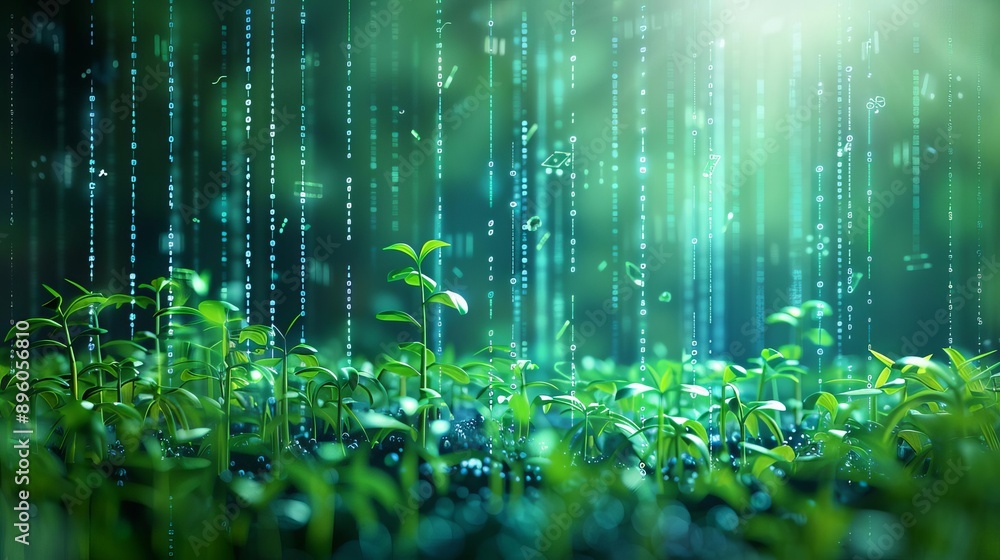 Fototapeta premium Digital jungle, neon lights, crystal clear focus, deep green hues, low-angle perspective, tech-infused nature, vibrant and sharp, HD quality