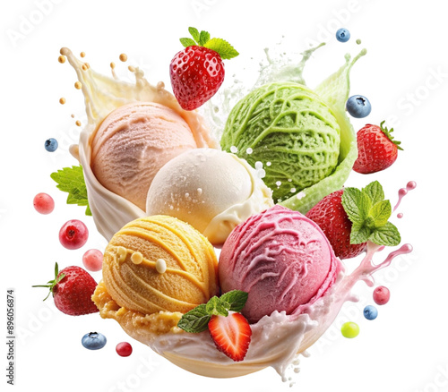 Colorful ice cream scoops with strawberries and splashes falling into creamy base