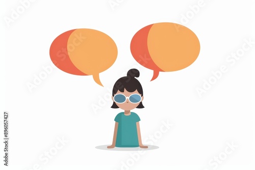 Illustration of a girl with sunglasses and speech bubbles on a white background, perfect for communication and dialogue concepts. photo