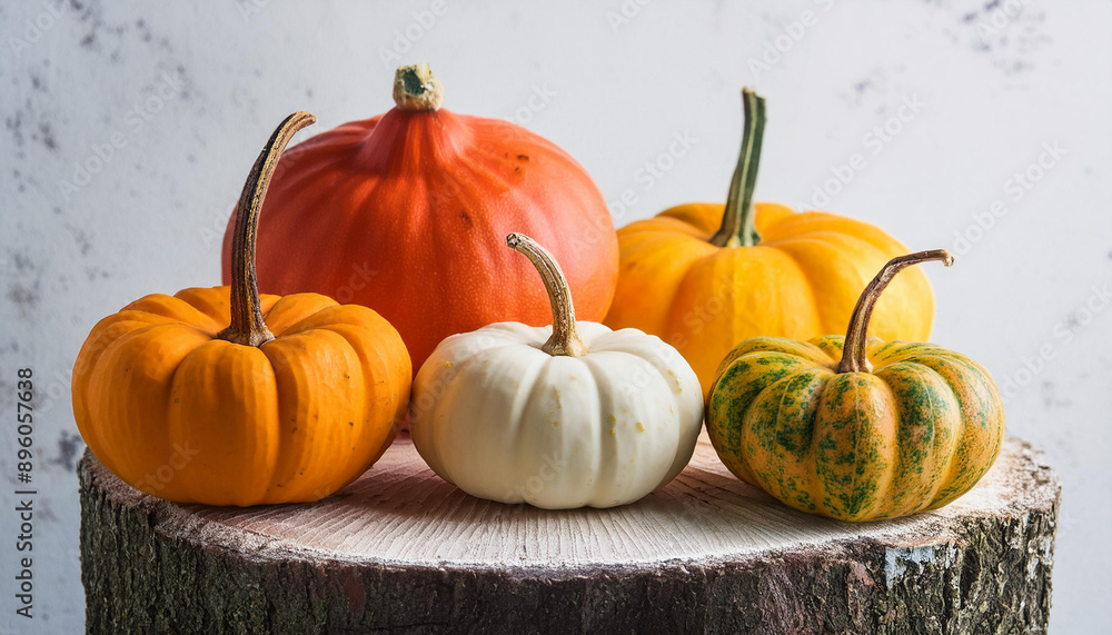 Colorful ripe pumpkins on tree stump with cement background. Autumn harvest. Fall decoration. Colorful ripe pumpkins on tree stump with cement background. Autumn harvest. Fall decoration.