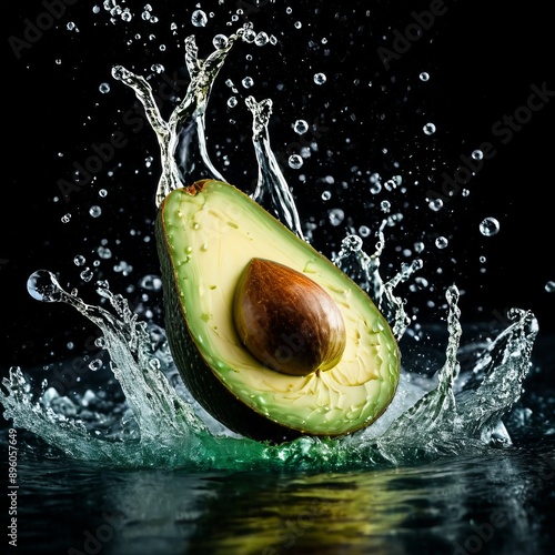 Splash water Avocado breaching the surface of a crystal-clear splash, droplets freeze in mid-air, producing a dynamic image, a beauty of nature. photo