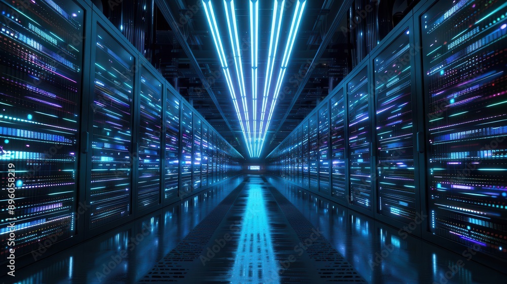 futuristic data center interior a vast hall filled with sleek glowing server racks stretching into the distance bathed in cool blue light with pulsing data streams visualized as floating holograms futuristic data center interior a vast hall filled with sleek glowing server racks stretching into the distance bathed in cool blue light with pulsing data streams visualized as floating holograms