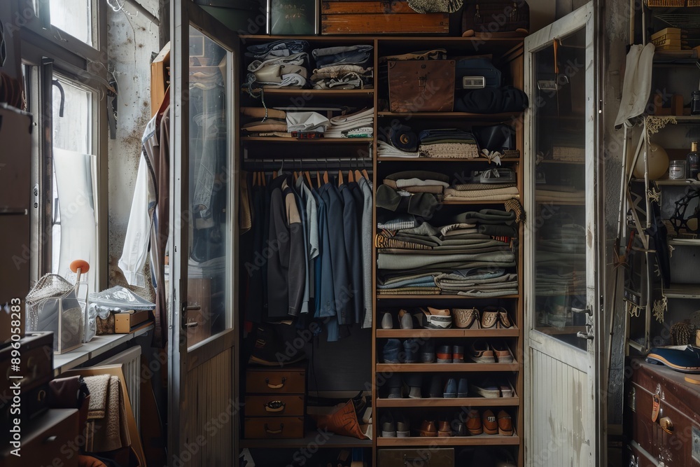 Closet with clothes and accessories in an old room. Retro style Closet with clothes and accessories in an old room. Retro style
