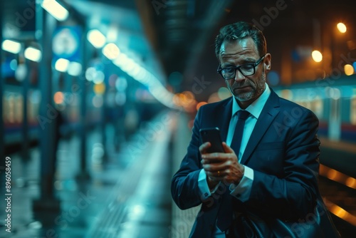 Mature Businessman Using Smartphone in Modern Subway Station
