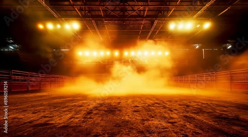 Mystical indoor rodeo arena with orange glowing lights and atmospheric dust
