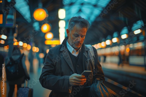 Mature Businessman Using Smartphone in Modern Subway Station