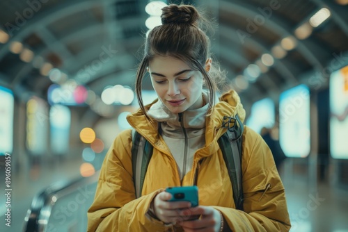 Young Woman tech-savvy Using Smartphone in Subway Station