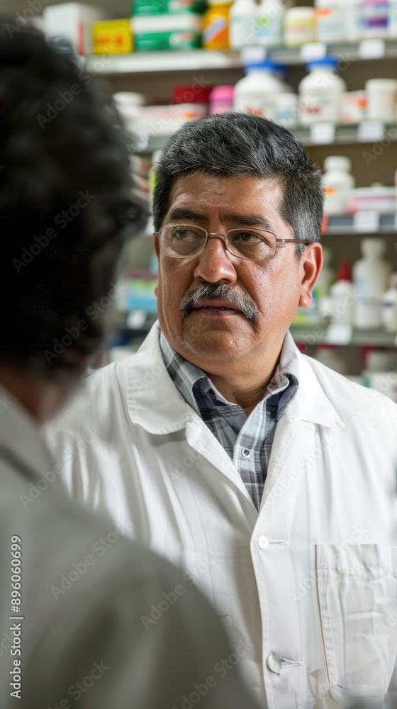 Fototapeta premium A pharmacist wearing a white coat and glasses speaks to a customer in a pharmacy