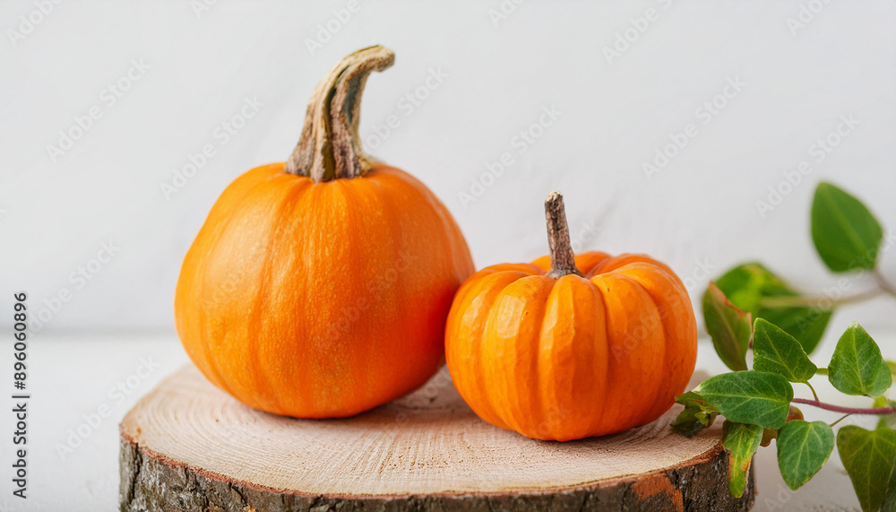 Orange ripe pumpkins on tree stump with cement background. Autumn harvest. Fall decoration. Orange ripe pumpkins on tree stump with cement background. Autumn harvest. Fall decoration.