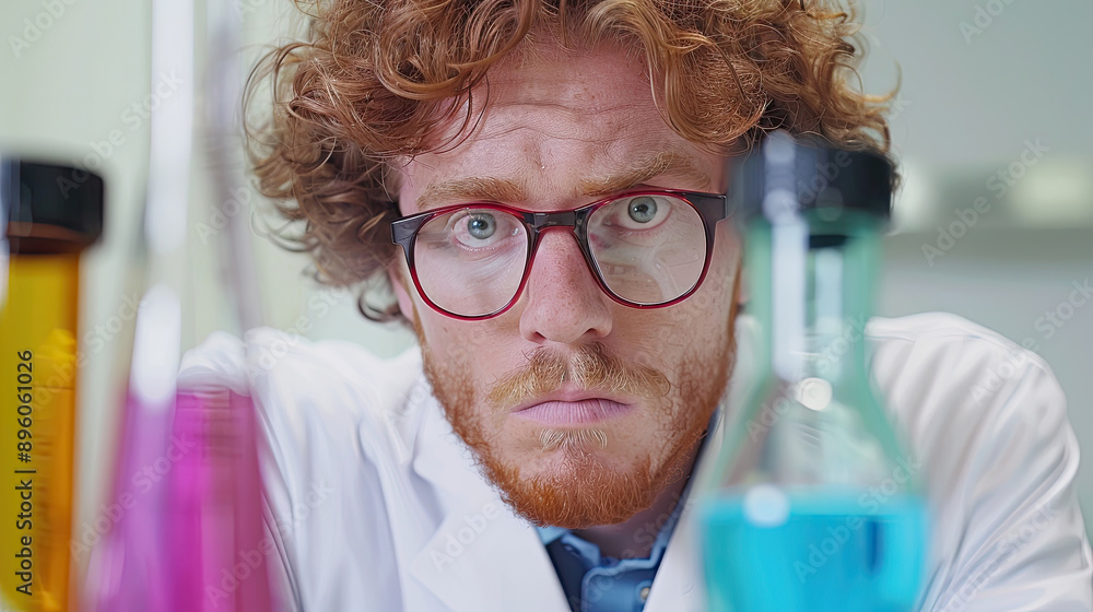 A red-haired man in a lab coat, wearing glasses, looks intently at chemical solutions A red-haired man in a lab coat, wearing glasses, looks intently at chemical solutions