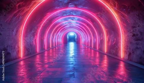 Neon Tunnel with Pink and Blue Glowing Lights